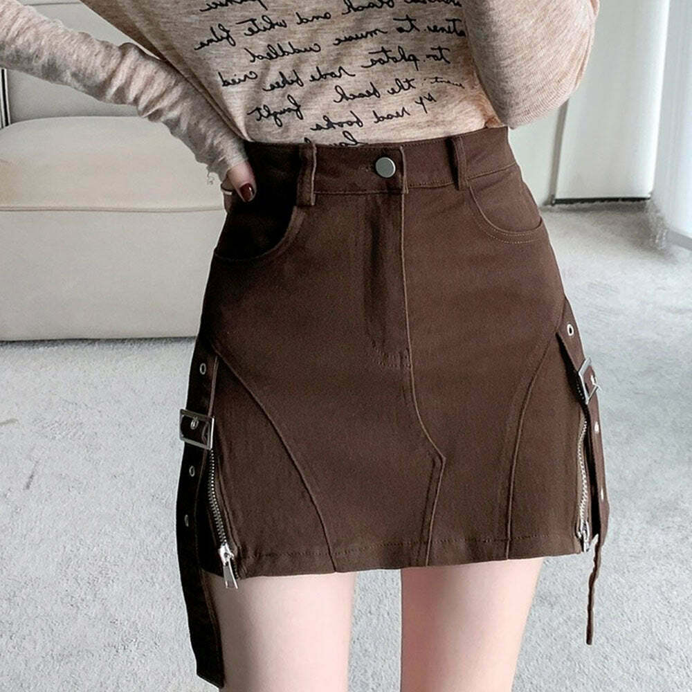 Chic Brown Denim Buckle Skirt - Trendy Y2K Style with Drawstring Detail for Effortless Fashion