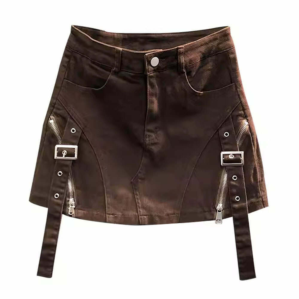 Chic Brown Denim Buckle Skirt - Trendy Y2K Style with Drawstring Detail for Effortless Fashion