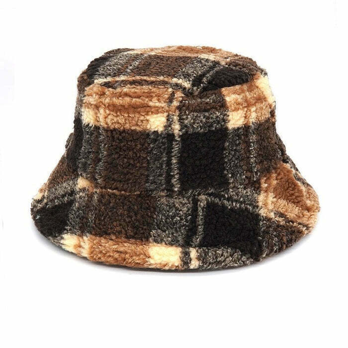 Chic Brown Plaid Fuzzy Bucket Hat - Trendy Y2K Style for Disco Cowgirl Vibes