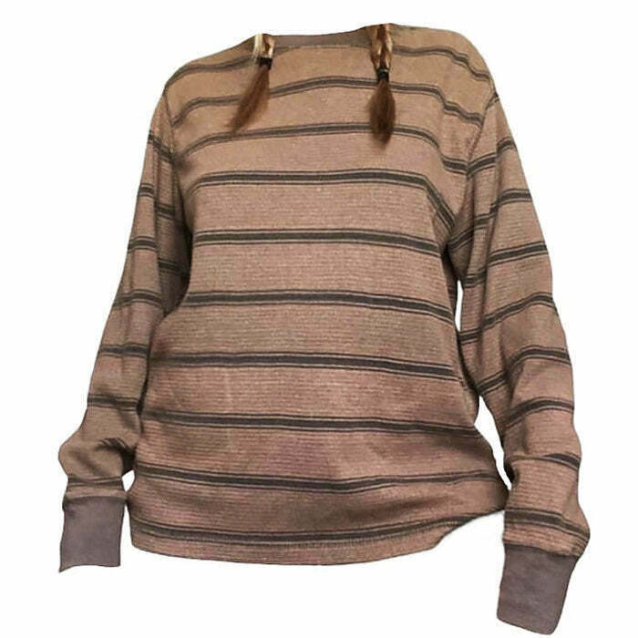 Chic Brown Striped Longsleeve Top with Bow Tie Detail - Trendy Y2K Fashion Essential