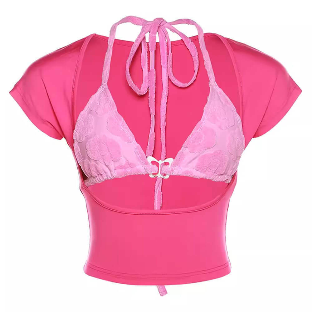 Chic Butterfly Bikini Top with Short Sleeve Tee - Y2K Aesthetic Bow Tie Crop Top