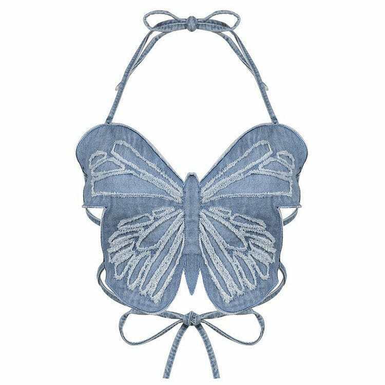 Chic Butterfly Denim Top with Vintage Aesthetic - Perfect for Y2K Style Lovers