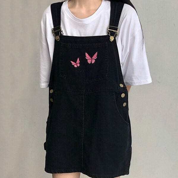 Chic Butterfly Dungaree Dress in Pink Plaid - Embrace Y2K Aesthetic & Bohemian Style