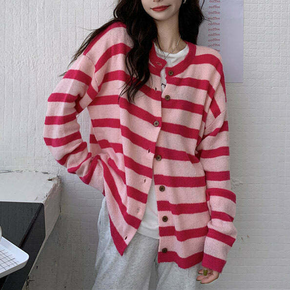 Chic Candy Crush Striped Cardigan - Cozy Coquette Style with Y2K Vibes and Floral Accents