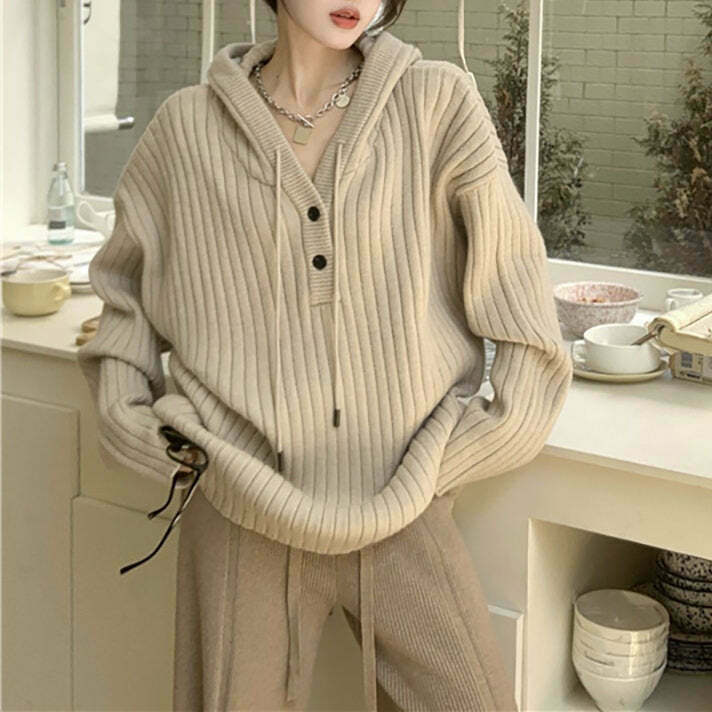 Chic Caramel Latte Knit Hoodie - Cozy Aesthetic Style for Y2K Fashion Lovers