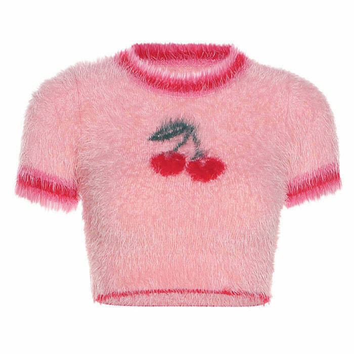 Chic Cherry Fuzzy Crop Top - Y2K Inspired Cozy Sweater with Trendy Bow Tie Detail