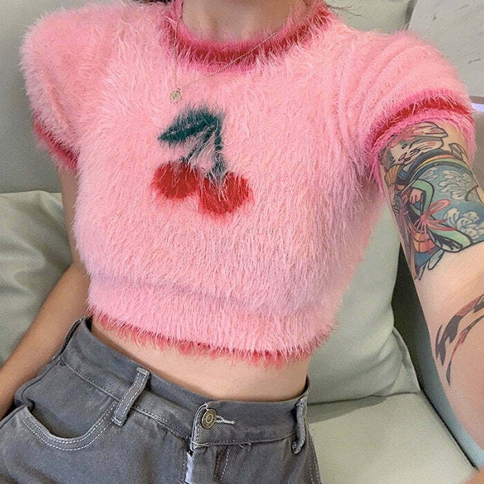 Chic Cherry Fuzzy Crop Top - Y2K Inspired Cozy Sweater with Trendy Bow Tie Detail