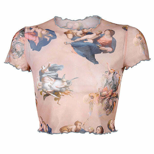 Chic Cherub Print Crop Top - Cream Cropped Sweater with Bow Tie for Y2K Fashion Lovers