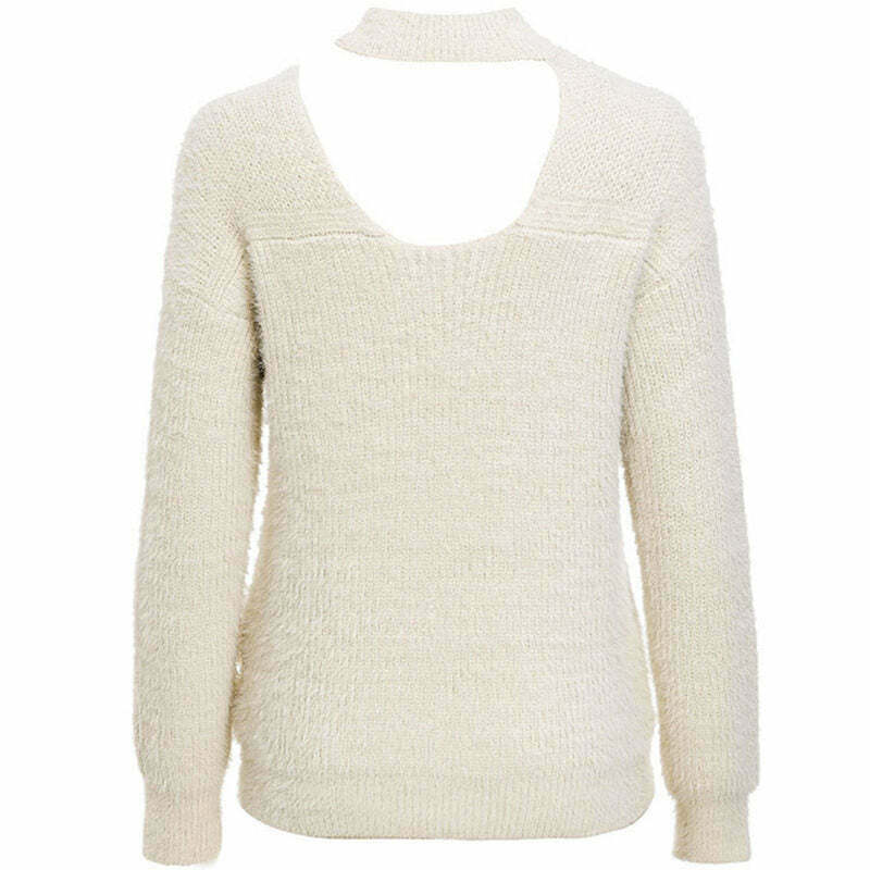 Chic Choker Neck Asymmetric Sweater in Cream - Y2K Aesthetic Cropped Design with Embroidery