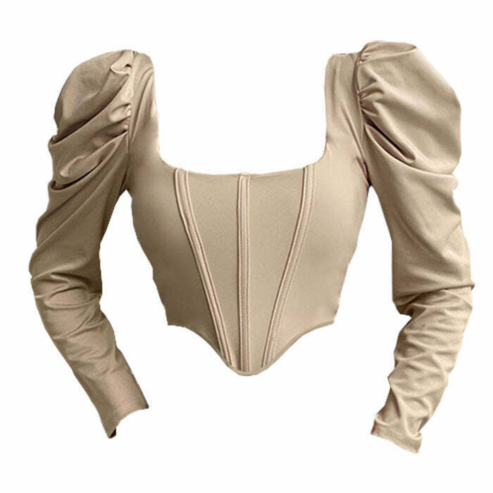 Chic Coffee Cream Corset Top with Bow Tie Detail - Y2K Fairy Crop Top Style