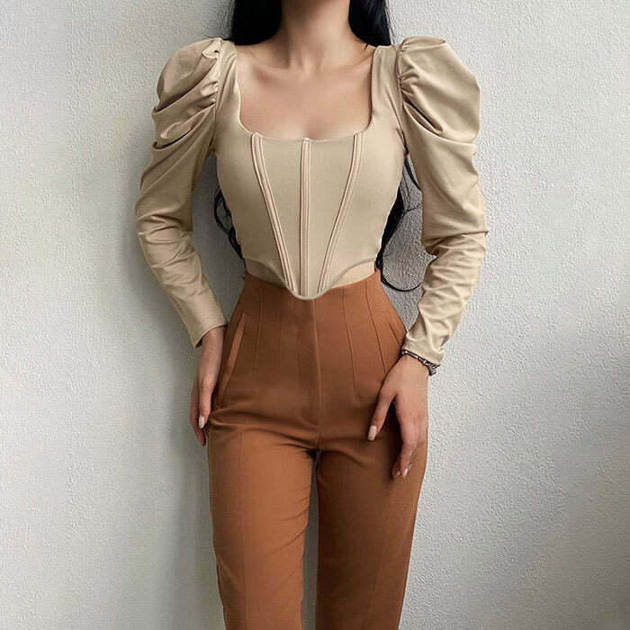 Chic Coffee Cream Corset Top with Bow Tie Detail - Y2K Fairy Crop Top Style