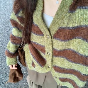 Chic Coffee Shop Striped Cardigan - Cozy Brown Grunge Style for Y2K Fashion Lovers