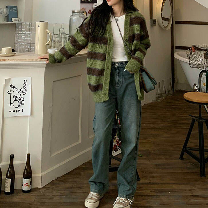 Chic Coffee Shop Striped Cardigan - Cozy Brown Grunge Style for Y2K Fashion Lovers