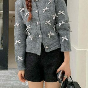 Chic Coquette Aesthetic Grey Cardigan with Heart Detail - Perfect for Y2K Fashion Lovers