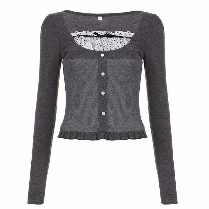 Chic Coquette Aesthetic Grey Long Sleeve Top with Butterfly Design for Trendy Styles