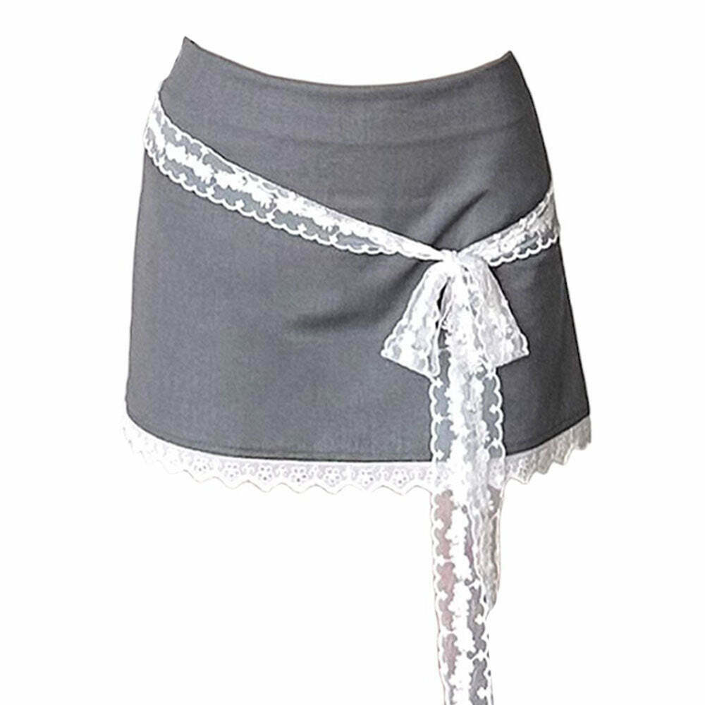 Chic Coquette Aesthetic Lace Bow Skirt - Y2K Style Drawstring & Pleated Design in Grey