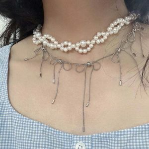 Chic Coquette Aesthetic Silver Bows Choker Necklace for Trendy Y2K Fashion Lovers