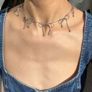 Chic Coquette Aesthetic Silver Bows Choker Necklace for Trendy Y2K Fashion Lovers