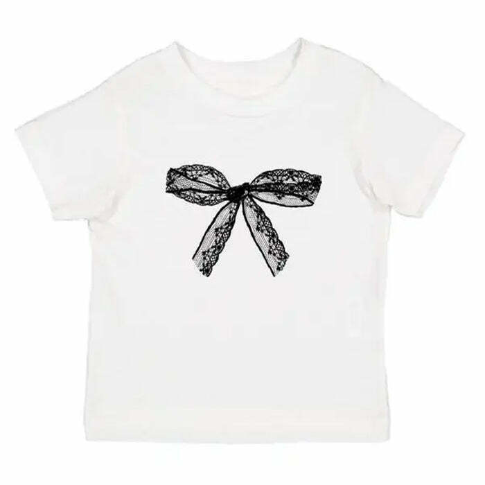 Chic Coquette Bow Graphic Crop Top - Y2K Style Cream Cropped Sweater with Bow Tie Detail