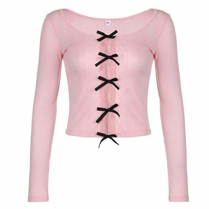 Chic Coquette Bow Long Sleeve Split Top - Trendy Y2K Style with Elegant Bow Detail