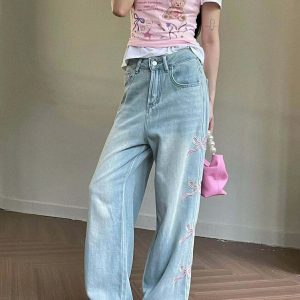 Chic Coquette Jeans with Bow Embroidery - Trendy Y2K Style Stacked Ripped Baggy Fit