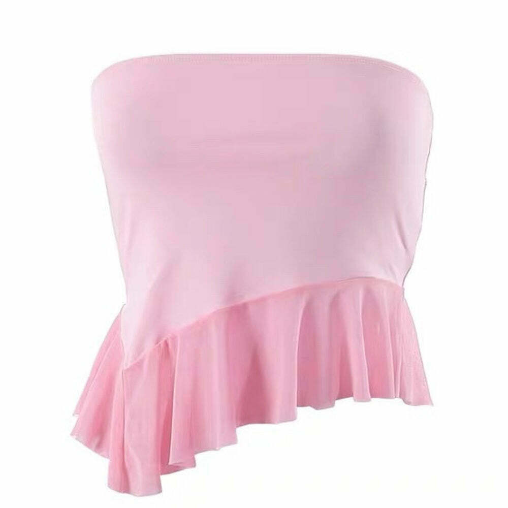 Chic Coquette Ruffle Tube Top with Bow Tie Detail - Trendy Y2K Denim Crop Top