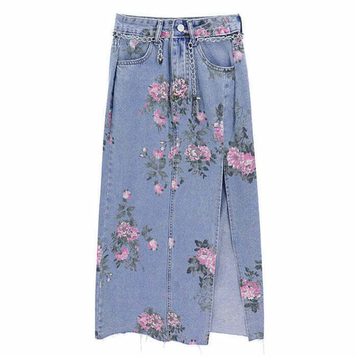 Chic Cottage Floral Long Denim Skirt - Y2K Style with Drawstring and Trendy Design