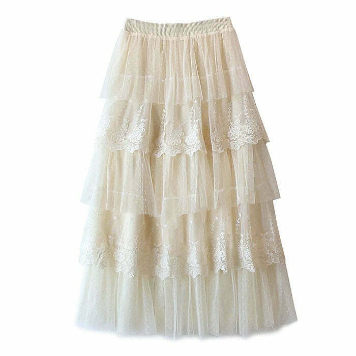 Chic Cottagecore Lace Long Skirt in Khaki - Drawstring Pleated Y2K Bubble Skirt Fashion