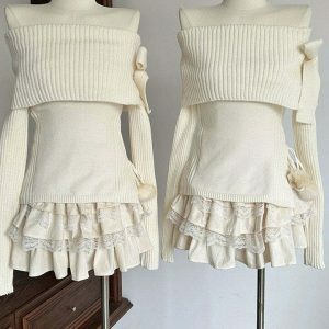 Chic Cream Cropped Balletcore Sweater with Unique Embroidery - Y2K Aesthetic Style