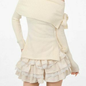 Chic Cream Cropped Balletcore Sweater with Unique Embroidery - Y2K Aesthetic Style