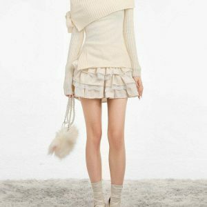 Chic Cream Cropped Balletcore Sweater with Unique Embroidery - Y2K Aesthetic Style