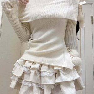 Chic Cream Cropped Balletcore Sweater with Unique Embroidery - Y2K Aesthetic Style