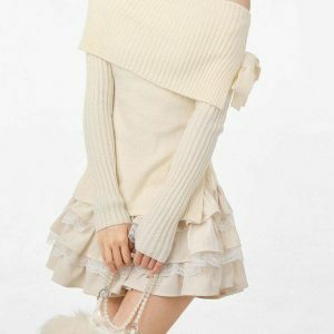 Chic Cream Cropped Balletcore Sweater with Unique Embroidery - Y2K Aesthetic Style