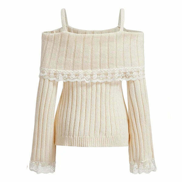 Chic Cream Cropped Lace Sweater - Y2K Aesthetic with Unique Embroidery & Skeleton Design