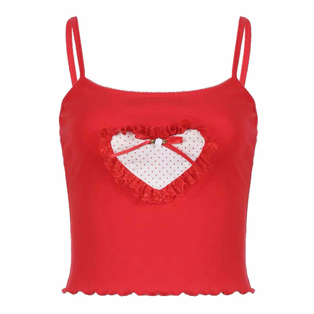 Chic Crimson Heart Crop Top with Bow Tie Detail - Trendy Y2K Denim Tube Style