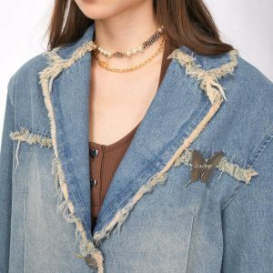 Chic Distressed Denim Blazer in Blue - Trendy Y2K Fashion Staple for Effortless Style