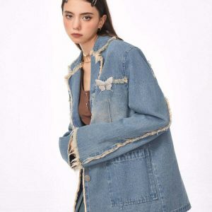 Chic Distressed Denim Blazer in Blue - Trendy Y2K Fashion Staple for Effortless Style