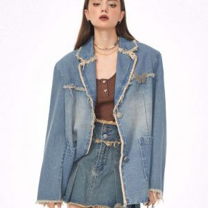 Chic Distressed Denim Blazer in Blue - Trendy Y2K Fashion Staple for Effortless Style