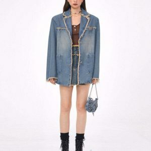 Chic Distressed Denim Blazer in Blue - Trendy Y2K Fashion Staple for Effortless Style