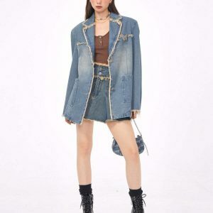 Chic Distressed Denim Blazer in Blue - Trendy Y2K Fashion Staple for Effortless Style