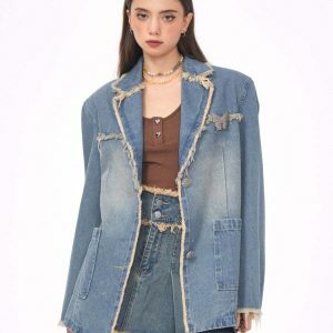 Chic Distressed Denim Blazer in Blue - Trendy Y2K Fashion Staple for Effortless Style