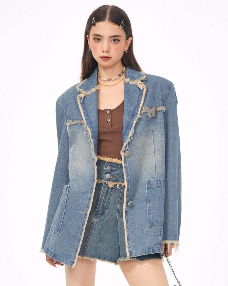 Chic Distressed Denim Blazer in Blue - Trendy Y2K Fashion Staple for Effortless Style