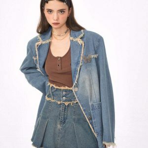 Chic Distressed Denim Blazer in Blue - Trendy Y2K Fashion Staple for Effortless Style