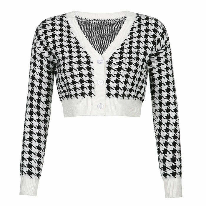 Chic Dogtooth Check Crop Cardigan - Stylish Coquette Design for Trendy Y2K Fashion Lovers