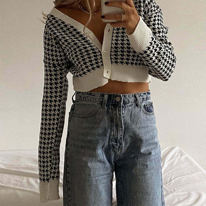 Chic Dogtooth Check Crop Cardigan - Stylish Coquette Design for Trendy Y2K Fashion Lovers