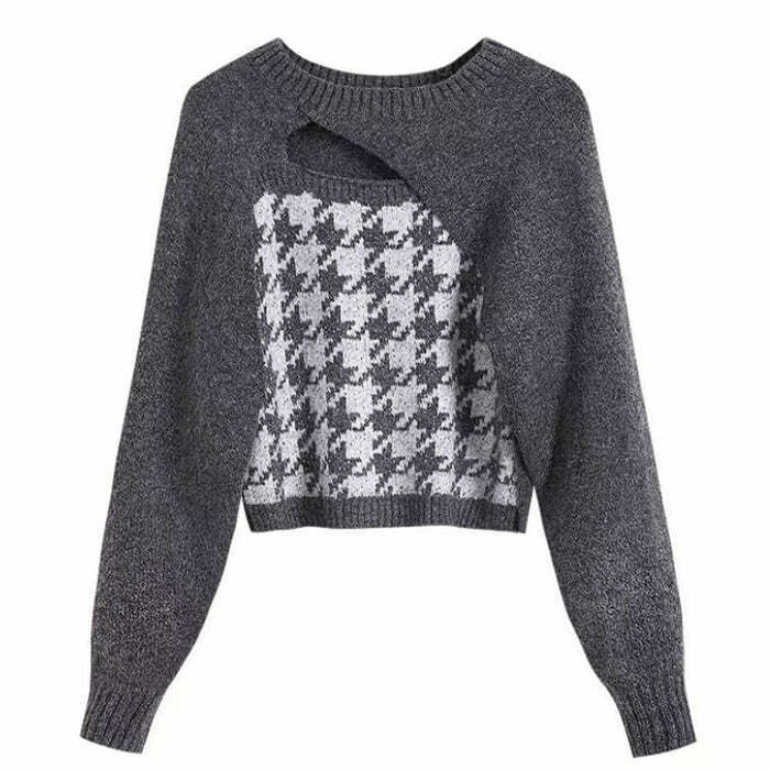 Chic Dogtooth Check Sweater & Top Co-Ord Set - Trendy Y2K Aesthetic Fashion Ensemble