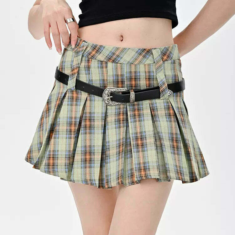 Chic Double Belt Green Plaid Pleated Skirt - Trendy Y2K Style with Drawstring Detail