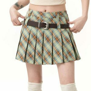 Chic Double Belt Green Plaid Pleated Skirt - Trendy Y2K Style with Drawstring Detail