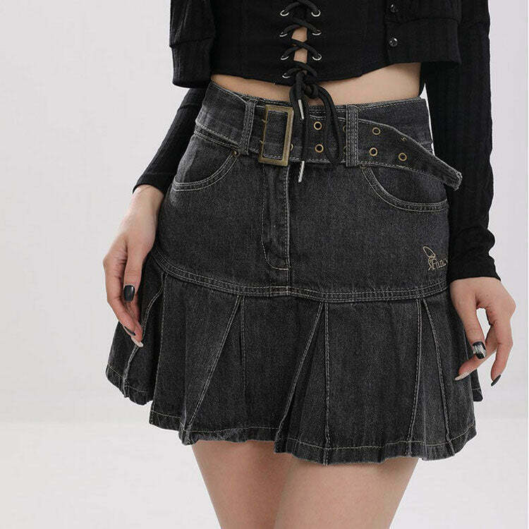 Chic Fairycore Aesthetic Denim Skirt with Drawstring, Perfect for Y2K Fashion Lovers