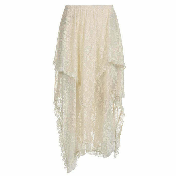 Chic Fairycore Asymmetrical Lace Skirt - Trendy Y2K Drawstring & Pleated Design in Grey